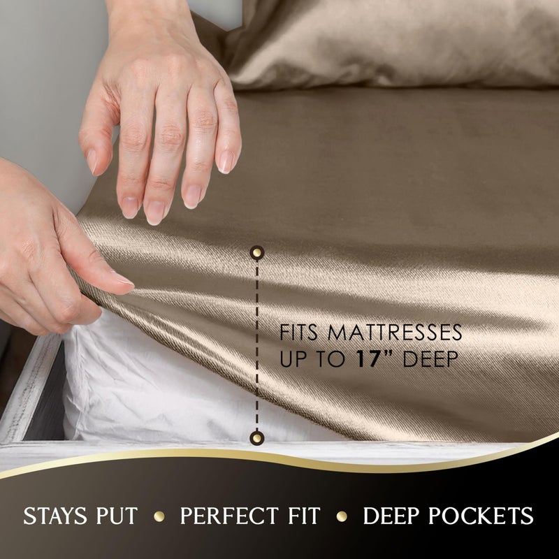 Martex Elegance 4-Piece King Size Luxury Hotel Quality Bed Sheets Set - Champagne Satin, Silky Soft & Smooth, Great for Hair & Skin, Gold - Image 5